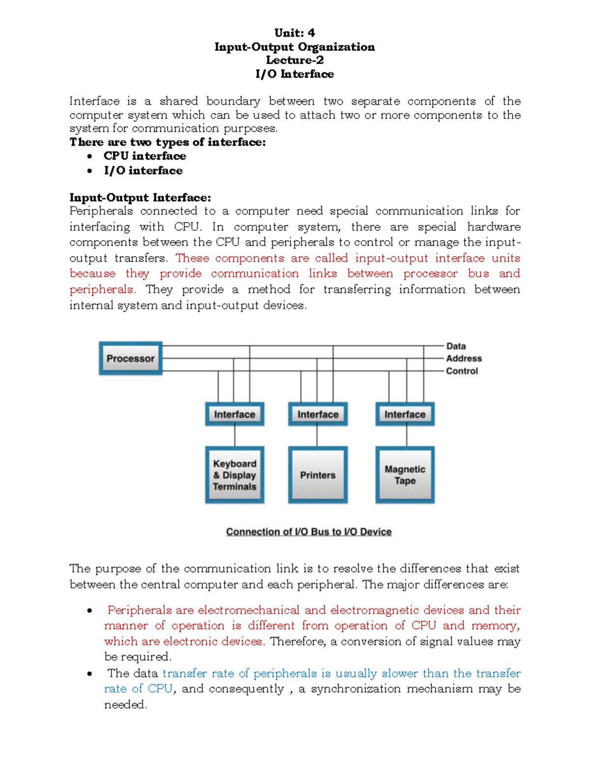 Unit 4 Lecture 2: Understanding Input-Output Interface in Computing ...