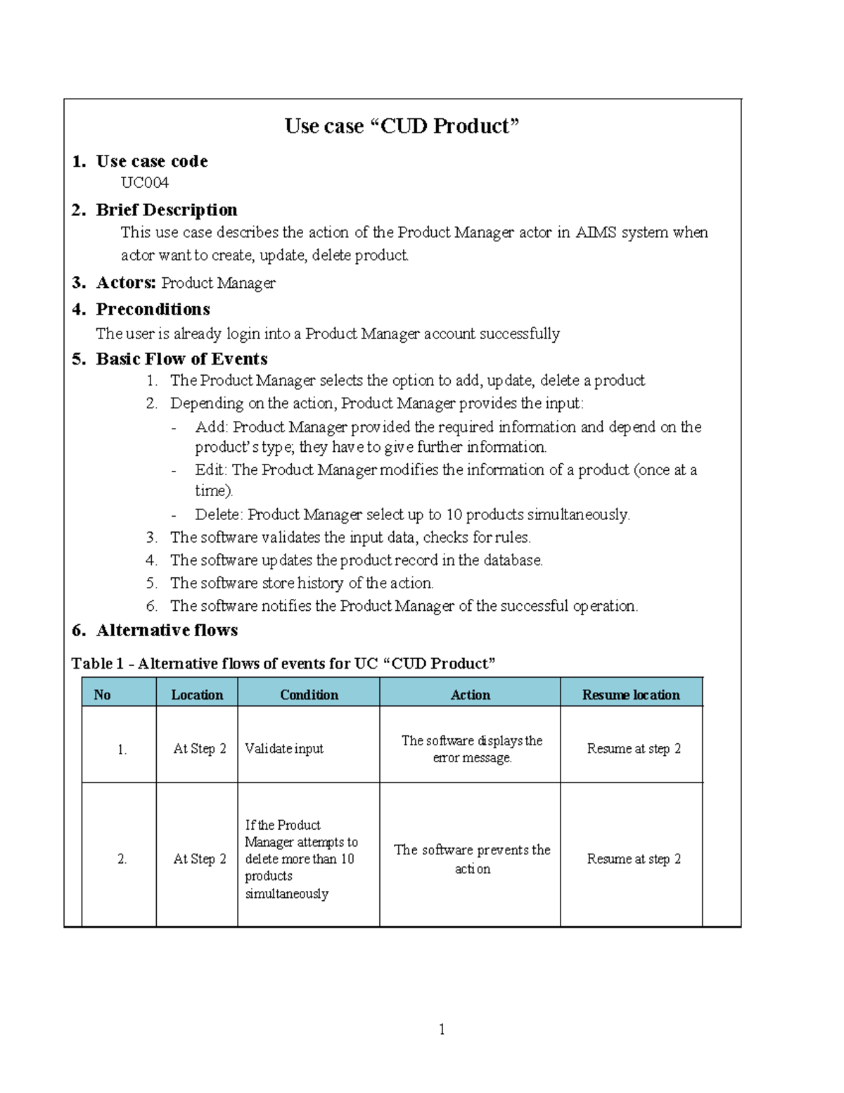 CUD Product Use Case UC004: Actions of Product Manager in AIMS - Studocu