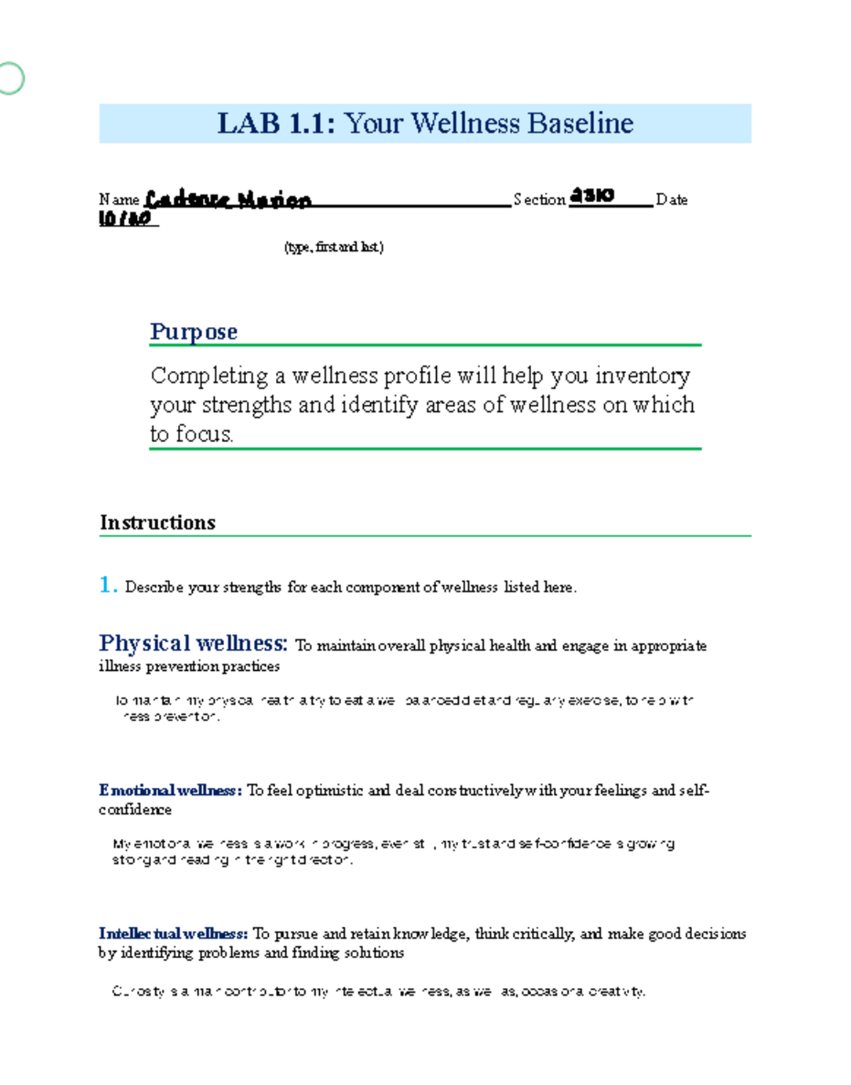 Lab 1 - Wellness Baseline Assignment for Course 10120 - Studocu