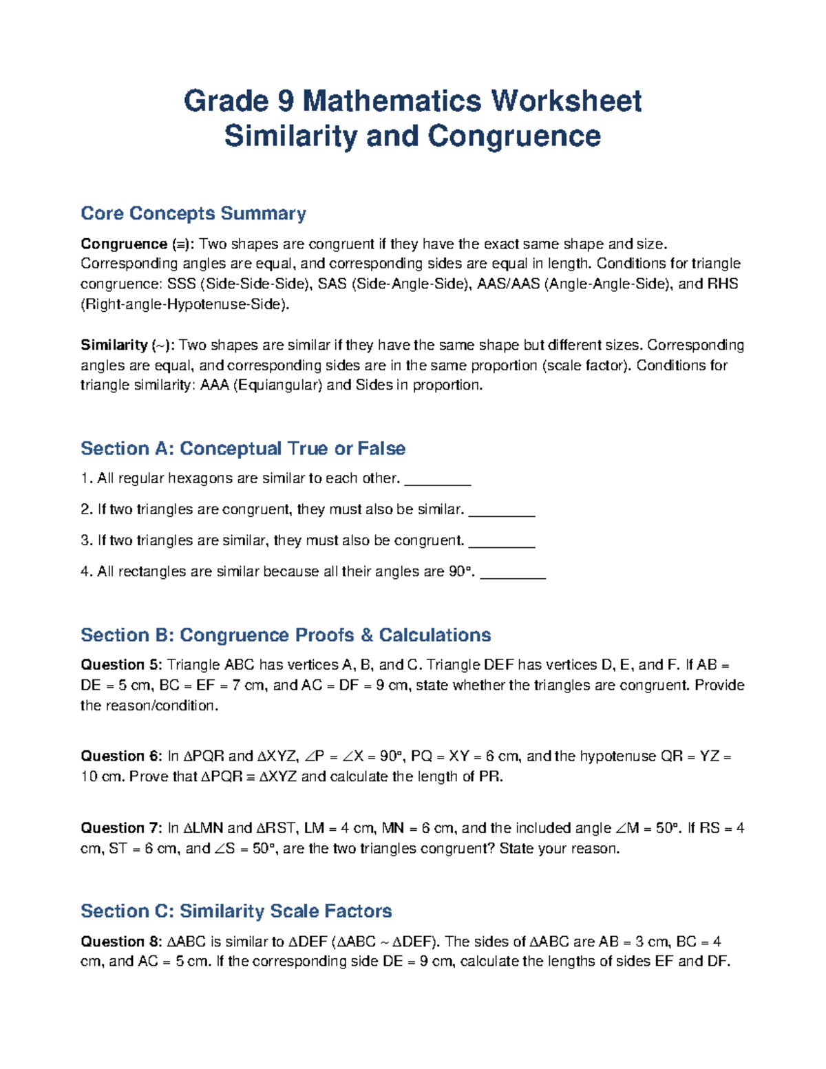 Grade 9 Math Worksheet: Similarity & Congruence Concepts Summary - Studocu