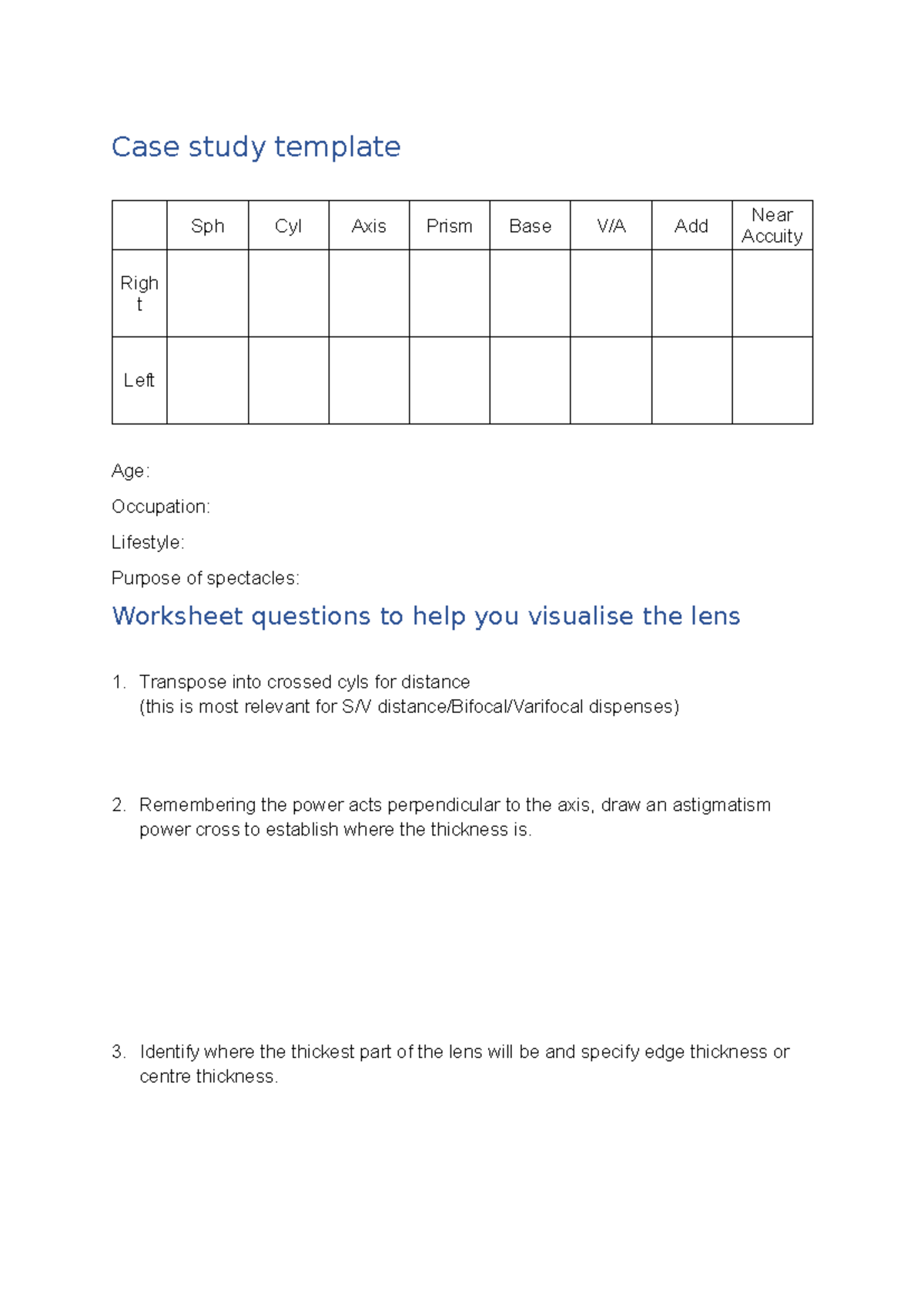2024-25 MOD002467 TRI2 Case Study Template for Lens Dispensing - Studocu