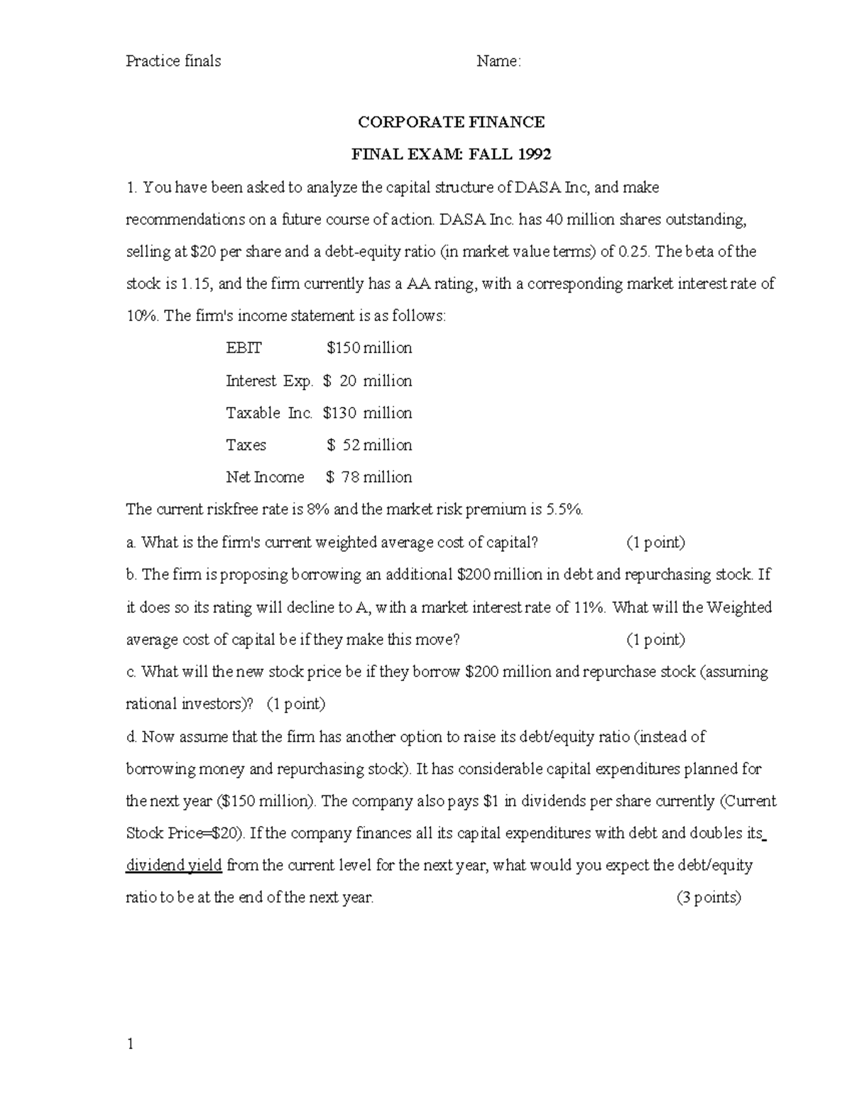 Corporate Finance Final Exam: Practice Questions and Analysis - Studocu