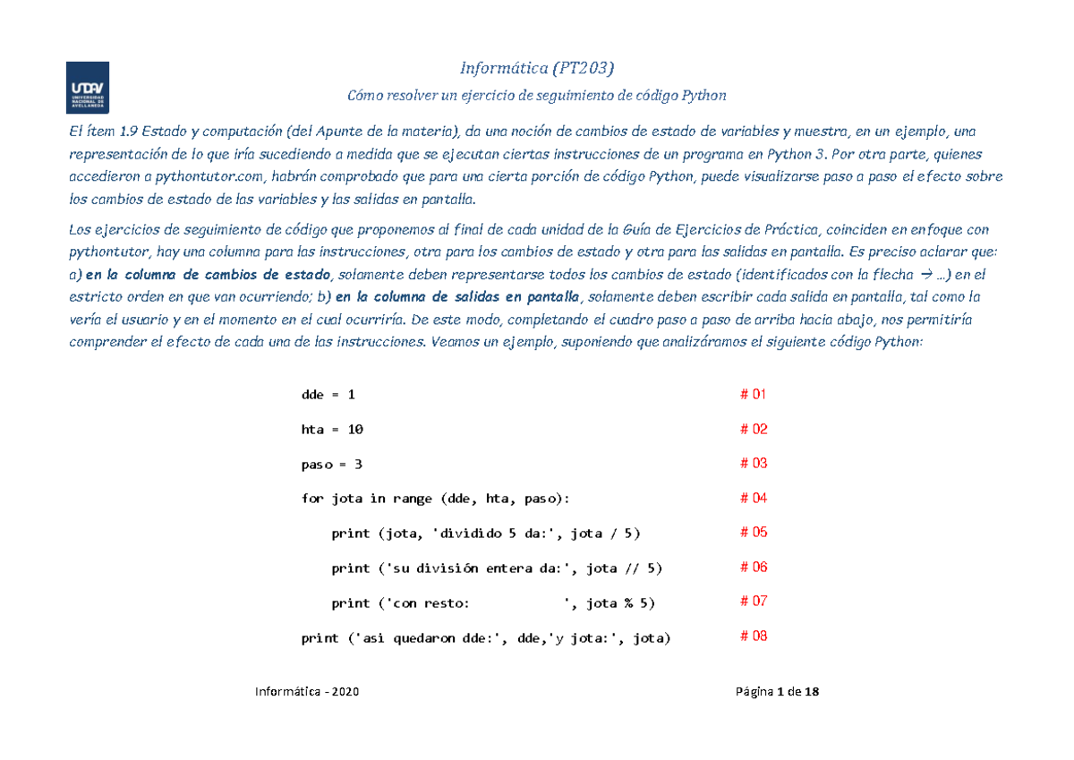 Informatica (PT203) Ejercicio de Seguimiento de Código en Python - Studocu