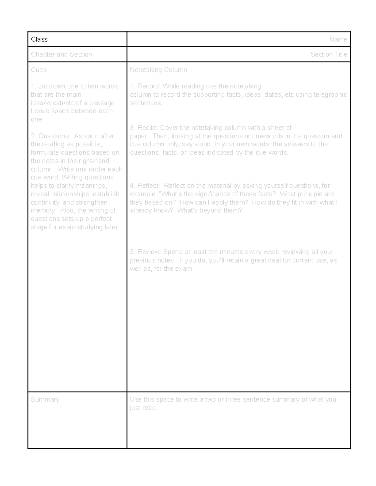 Cornell Notes Template - Class Name Chapter and Section Section Title ...