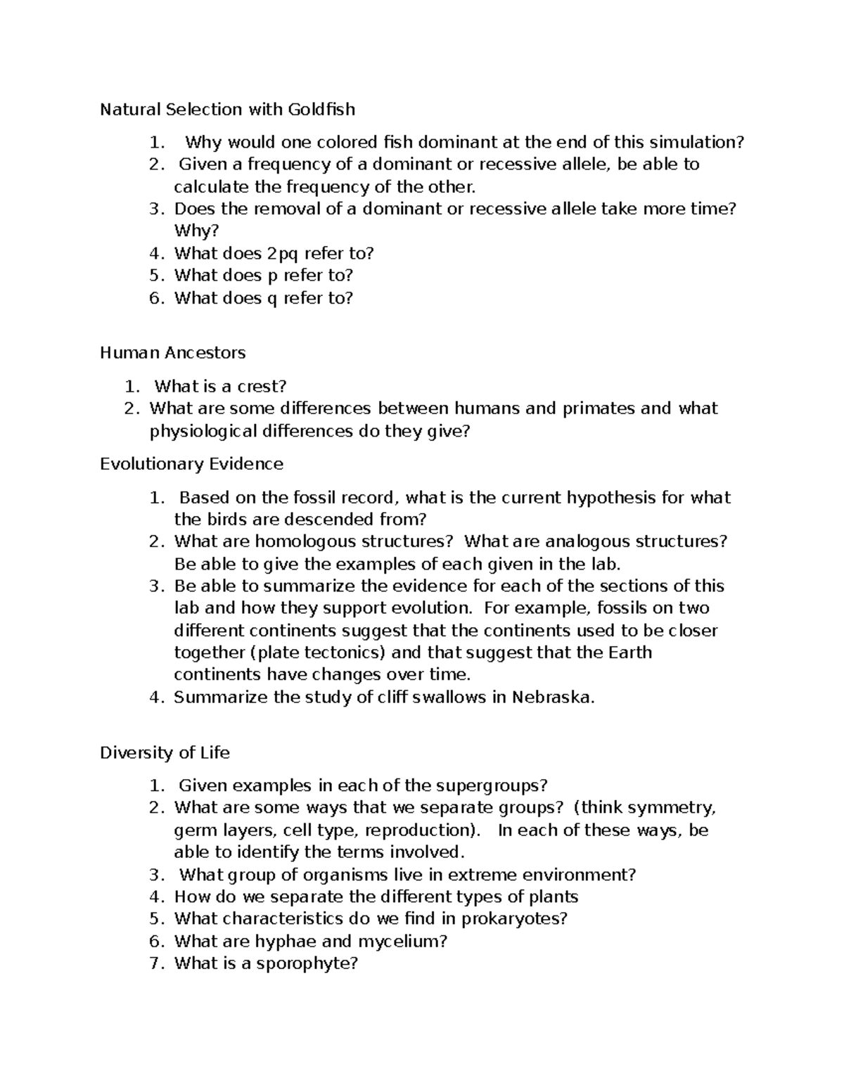 Biology Lab Notes: Natural Selection & Evolution Concepts (BIO 101 ...