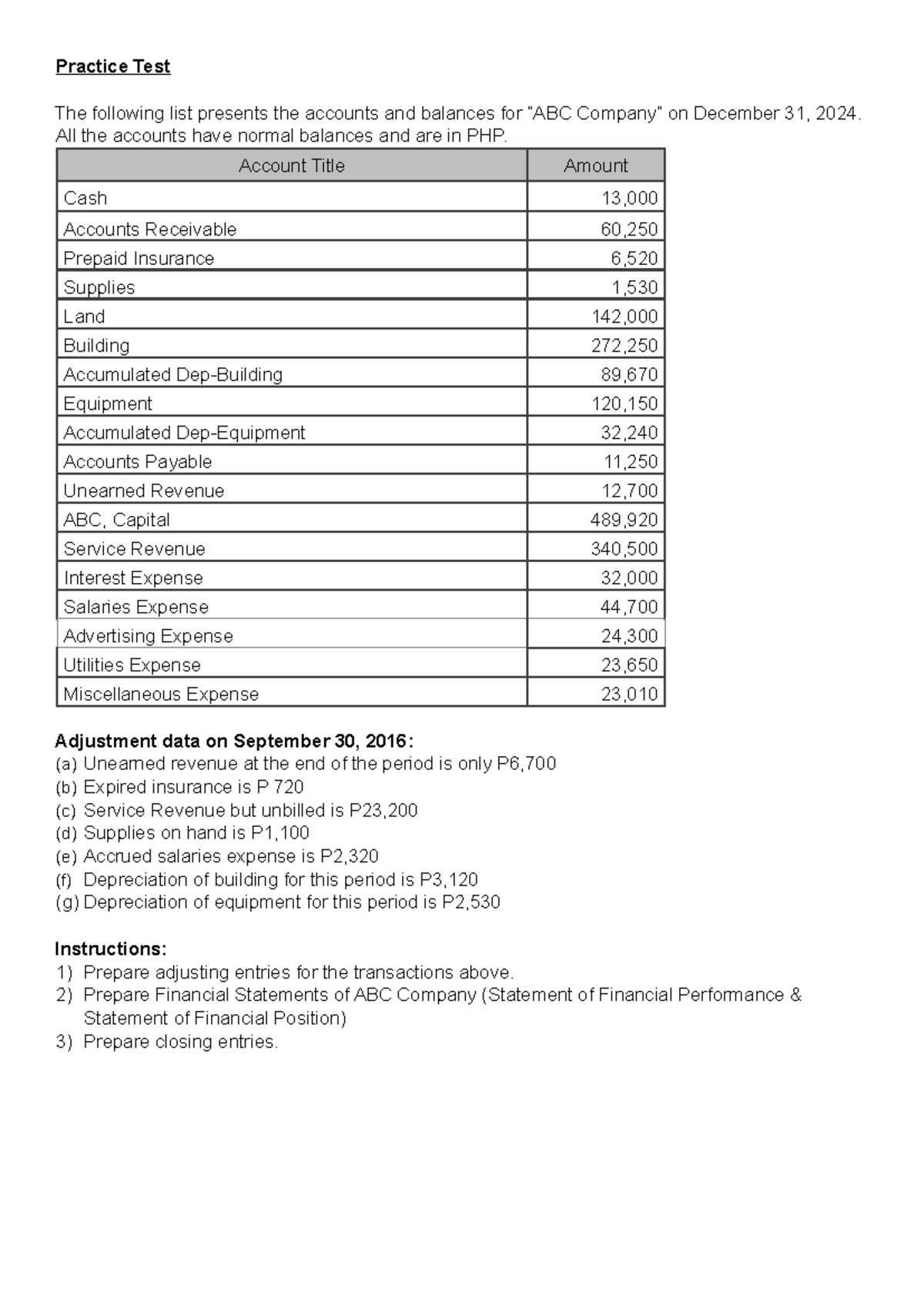 Practice Test: Adjusting Entries & Financial Statements for ABC Co ...