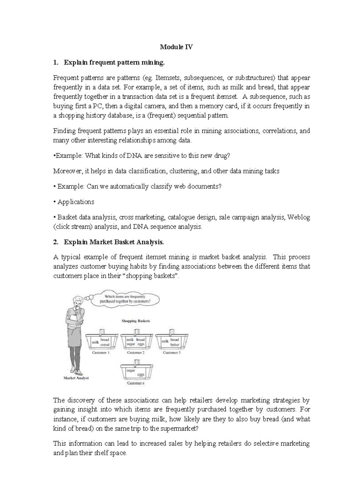Module IV: Frequent Pattern Mining and Market Basket Analysis - Studocu