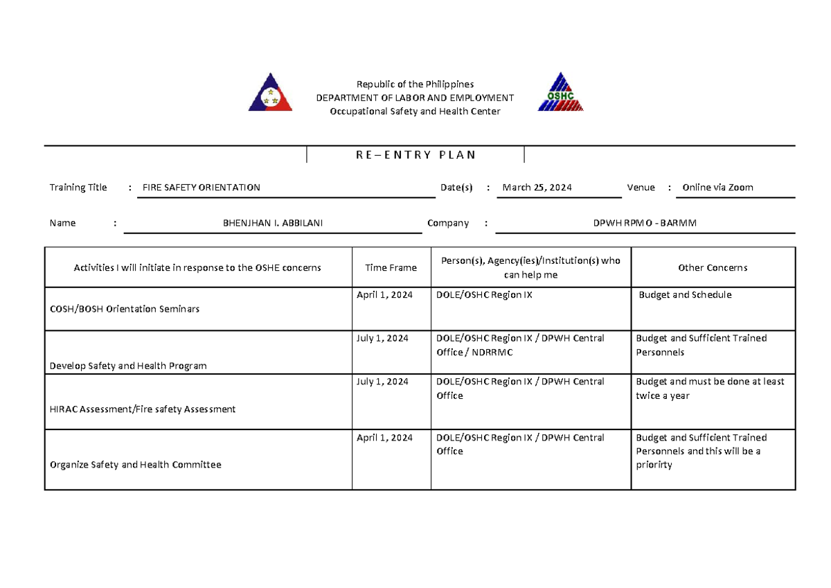 FSO Re-entry Plan for Fire Safety Orientation by Bhenjhan Abbilani ...