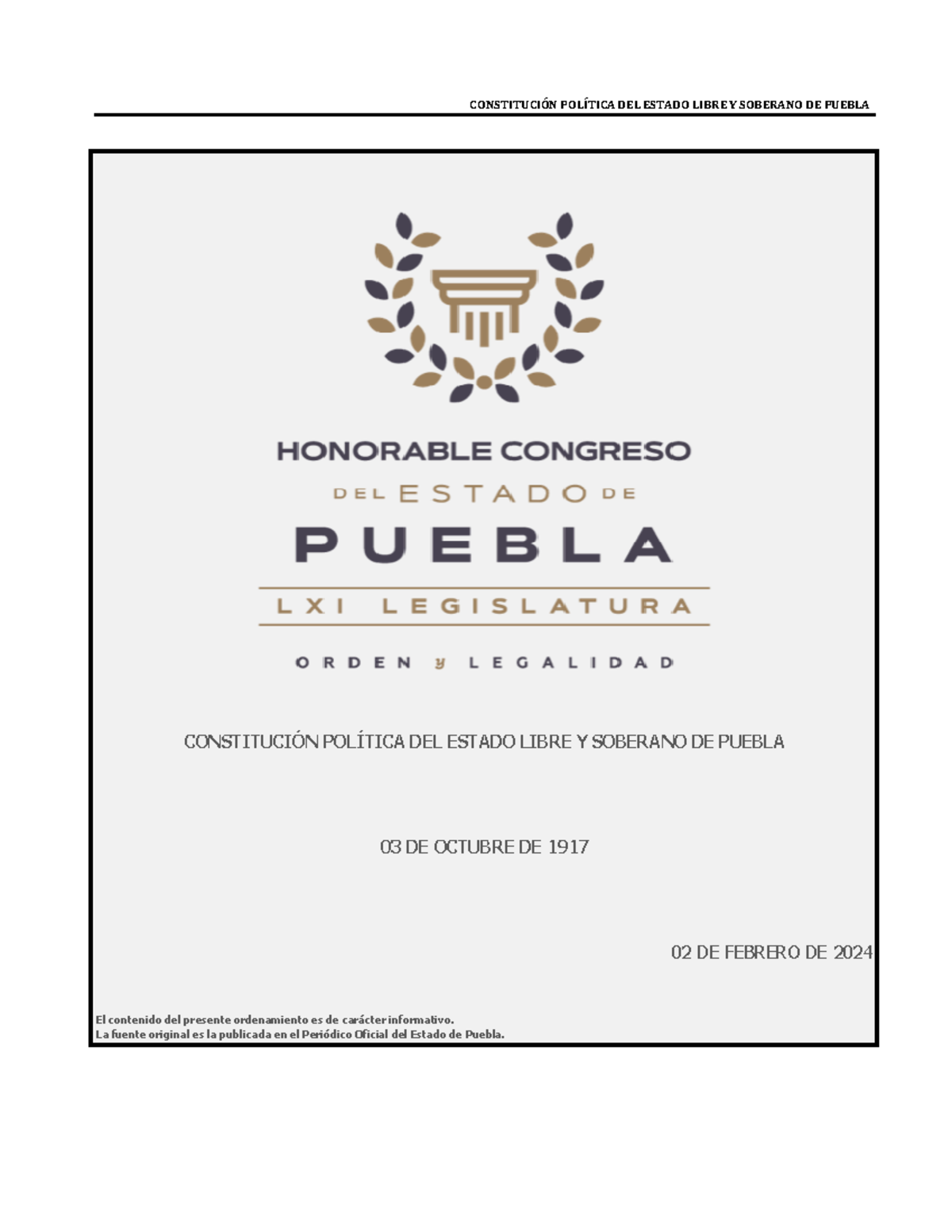Constitucion Politica del Estado Libre y Soberano de Puebla 02 02 2024 ...