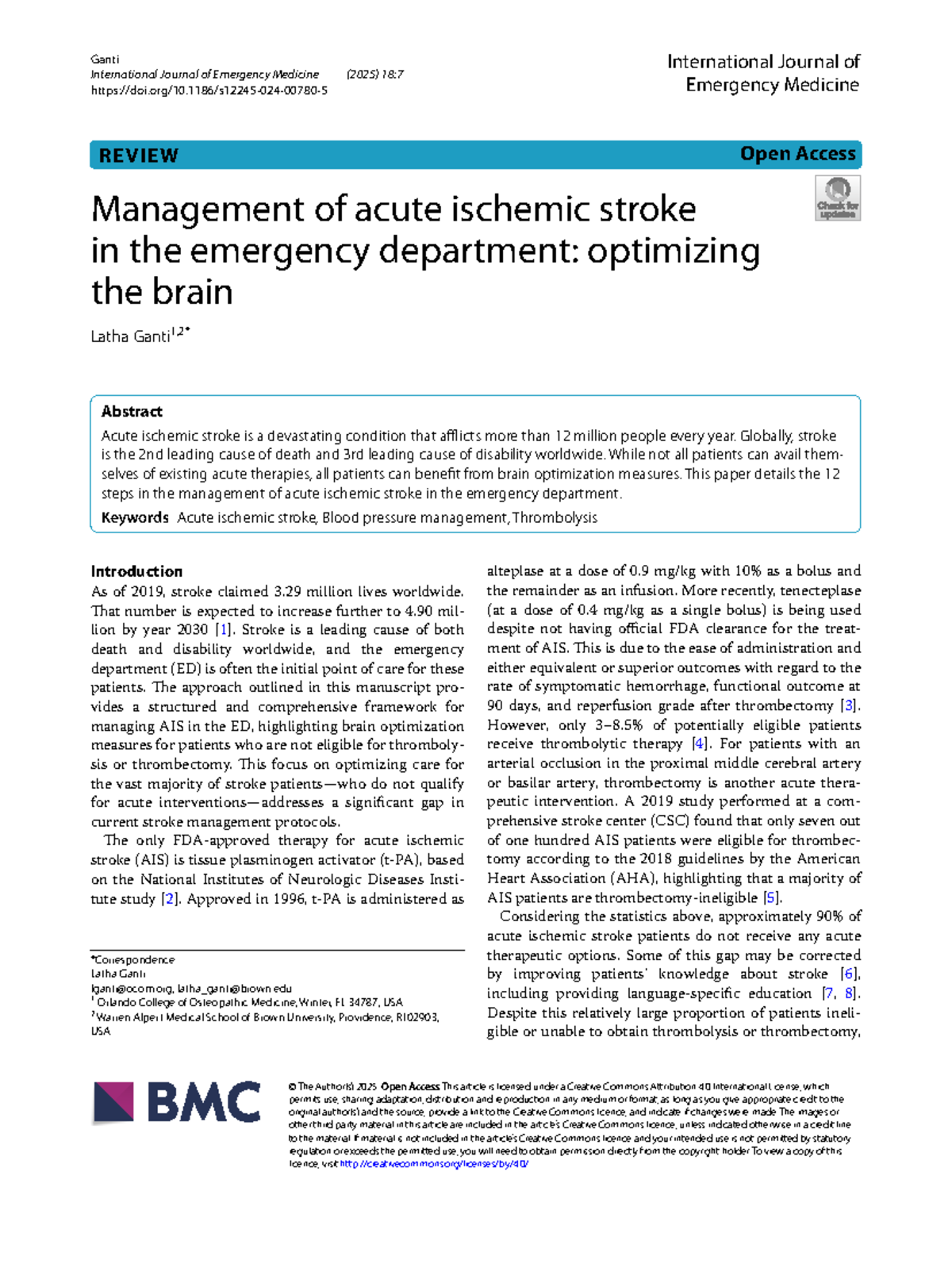Management of acute ischemic stroke in the emergency department ...