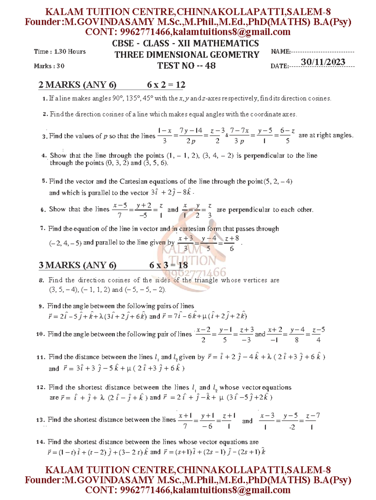 3D TEST NO-48 - Class XII Mathematics 3D Geometry Question Paper - Studocu