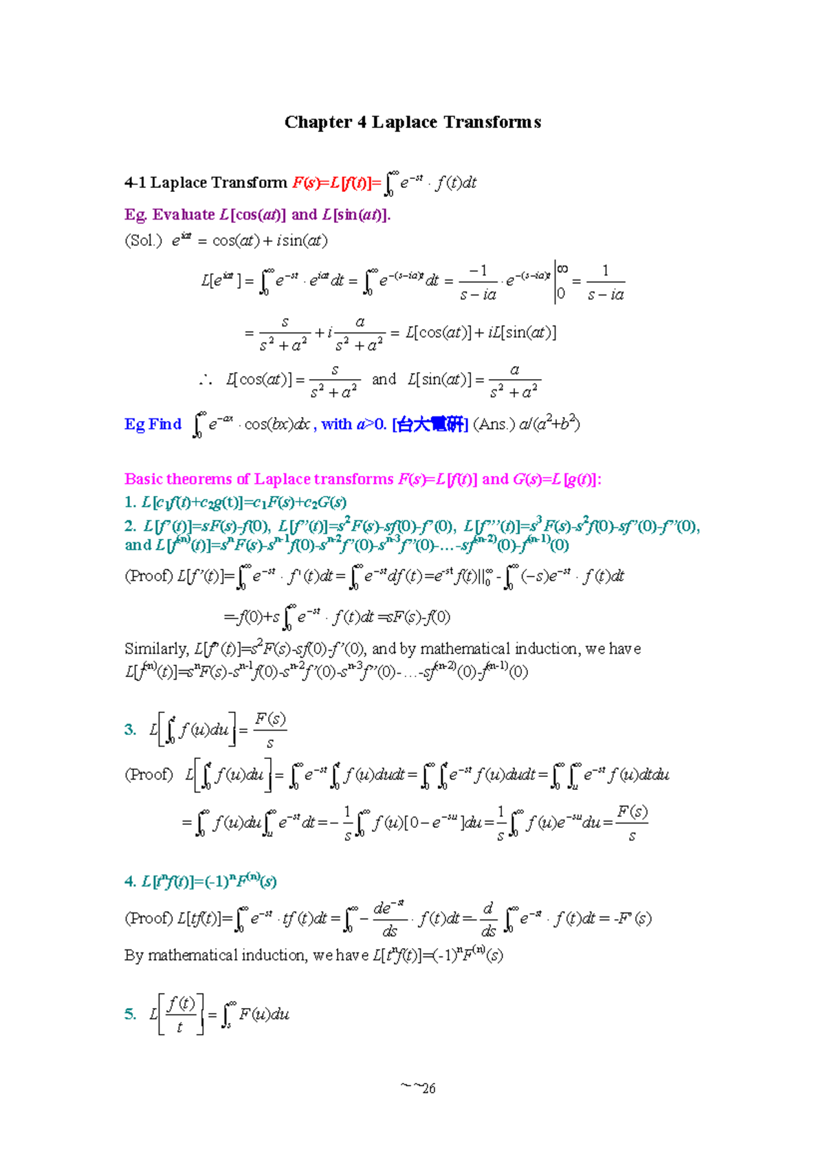 Math4 - sasa - Chapter 4 Laplace Transforms 4-1 Laplace Transform F(s ...