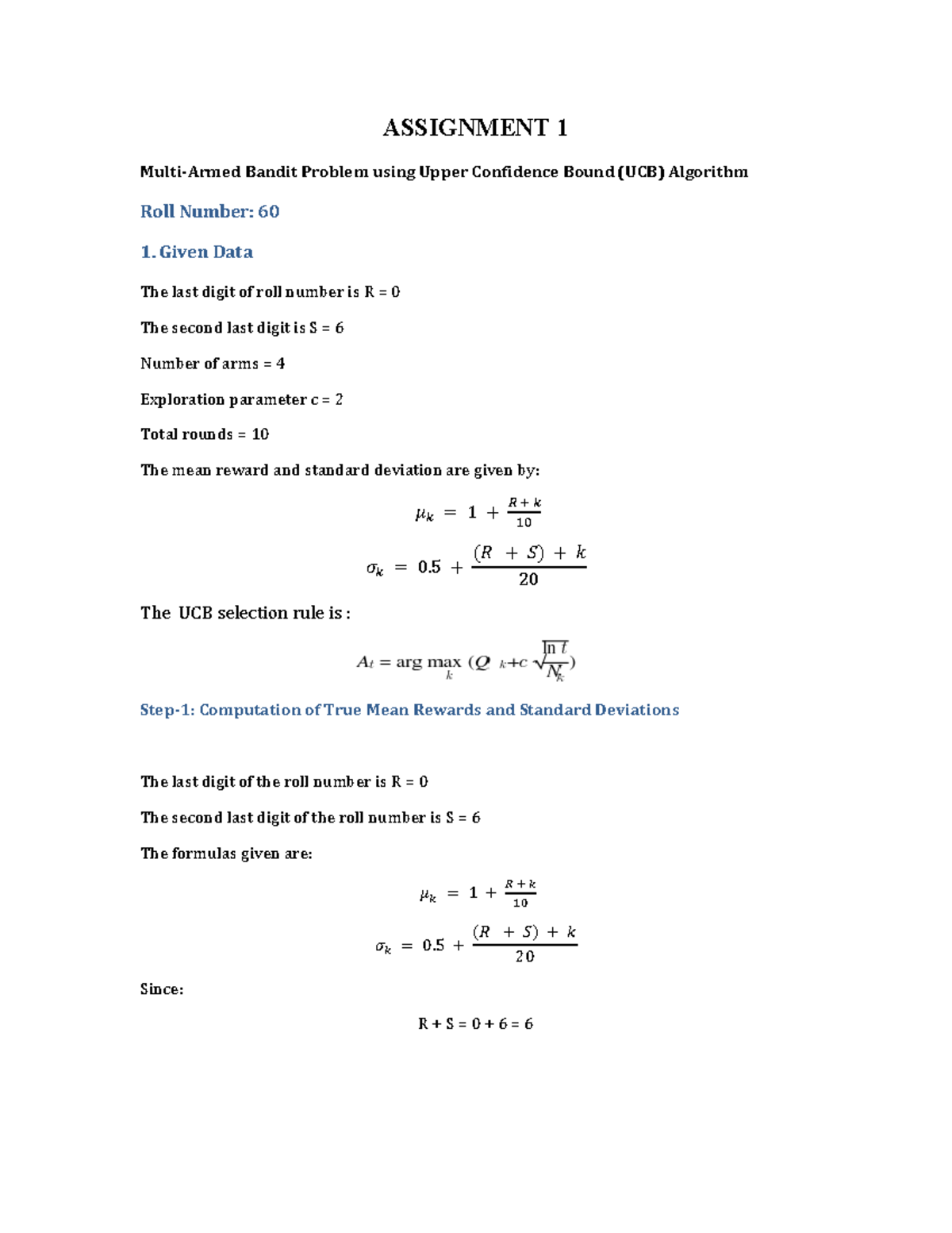 Multi-Armed Bandit Problem (UCB) Algorithm - Assignment 1 - Studocu