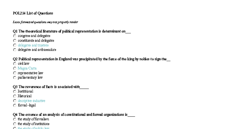 POL214 - Comprehensive Question Summaries on Political Representation ...