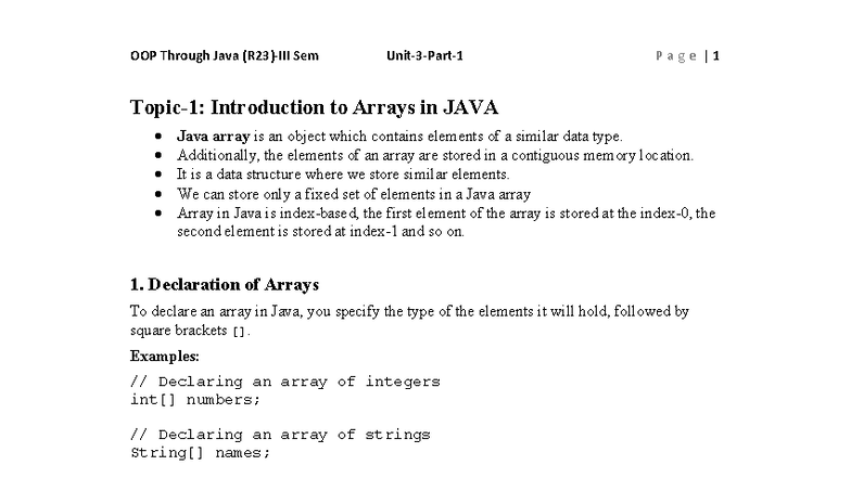 OOP Through Java Sem: Introduction to Arrays and Their Operations - Studocu