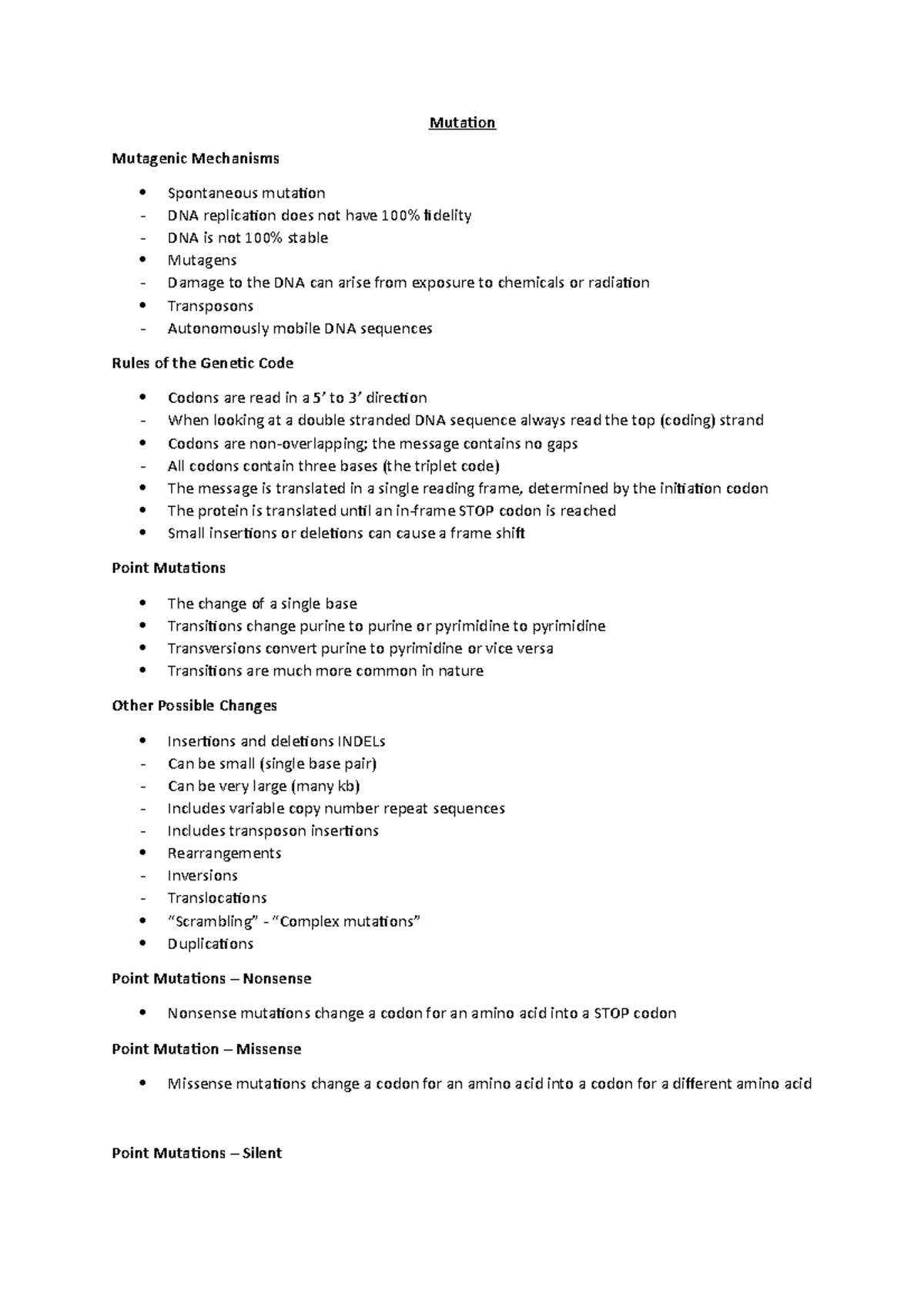 Mutation - Lecture Notes 1: Mechanisms, Types, and Effects - Studocu