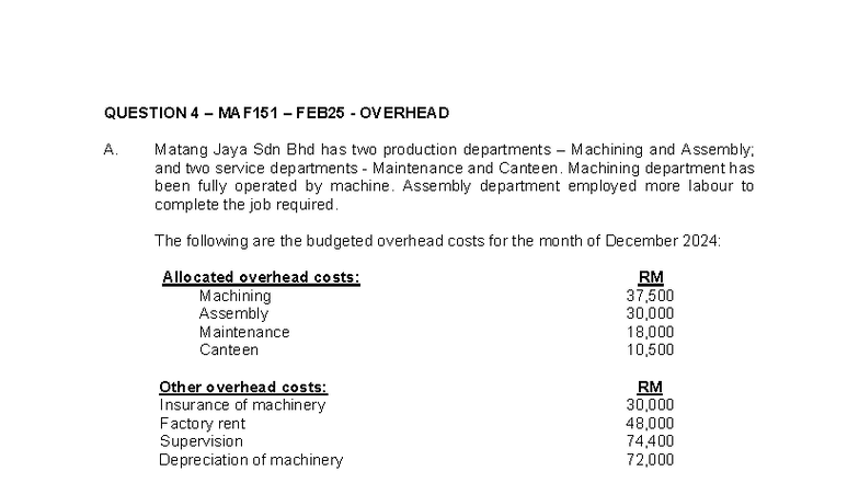 Q4 MAF151 FEB25 Overhead Analysis & OAR Calculation - Studocu
