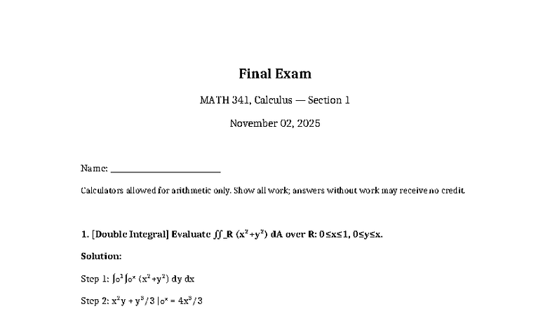 Final Exam Solutions for MATH 341, Calculus Section 1 - Studocu
