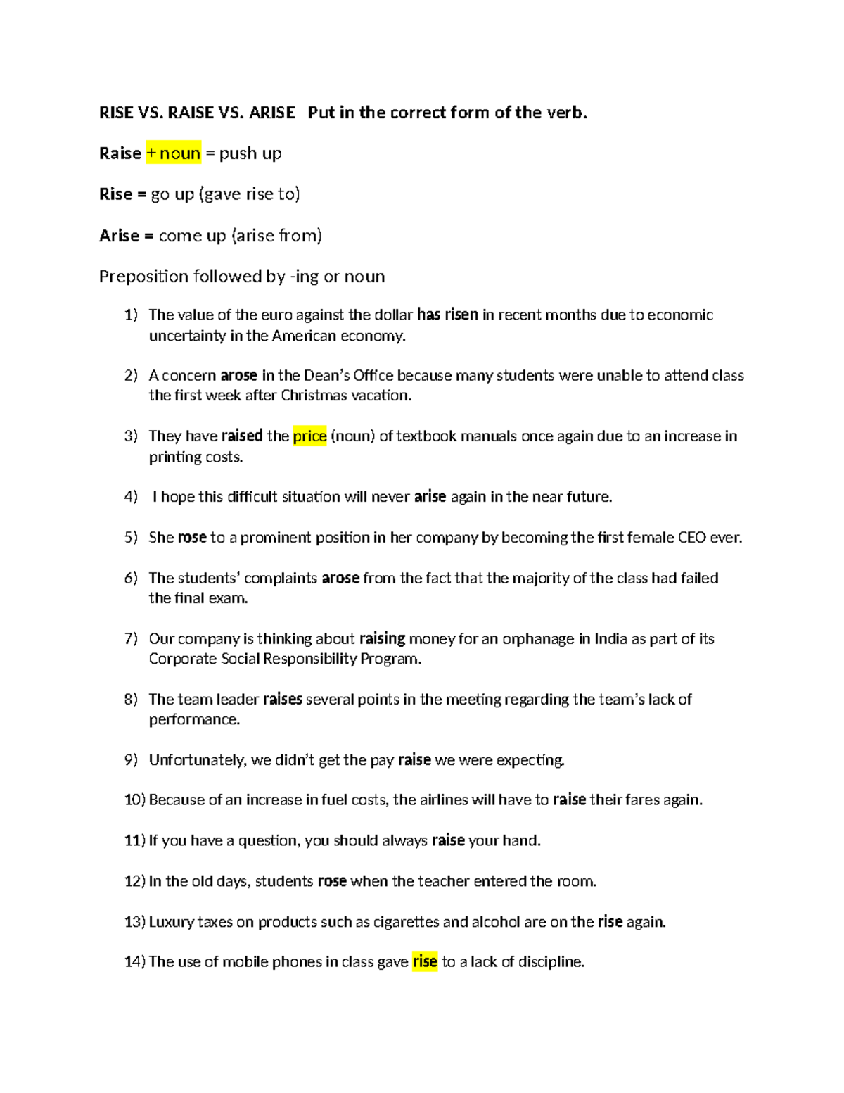 Rise, raise, arise - Grammar rules and usage examples - Studocu