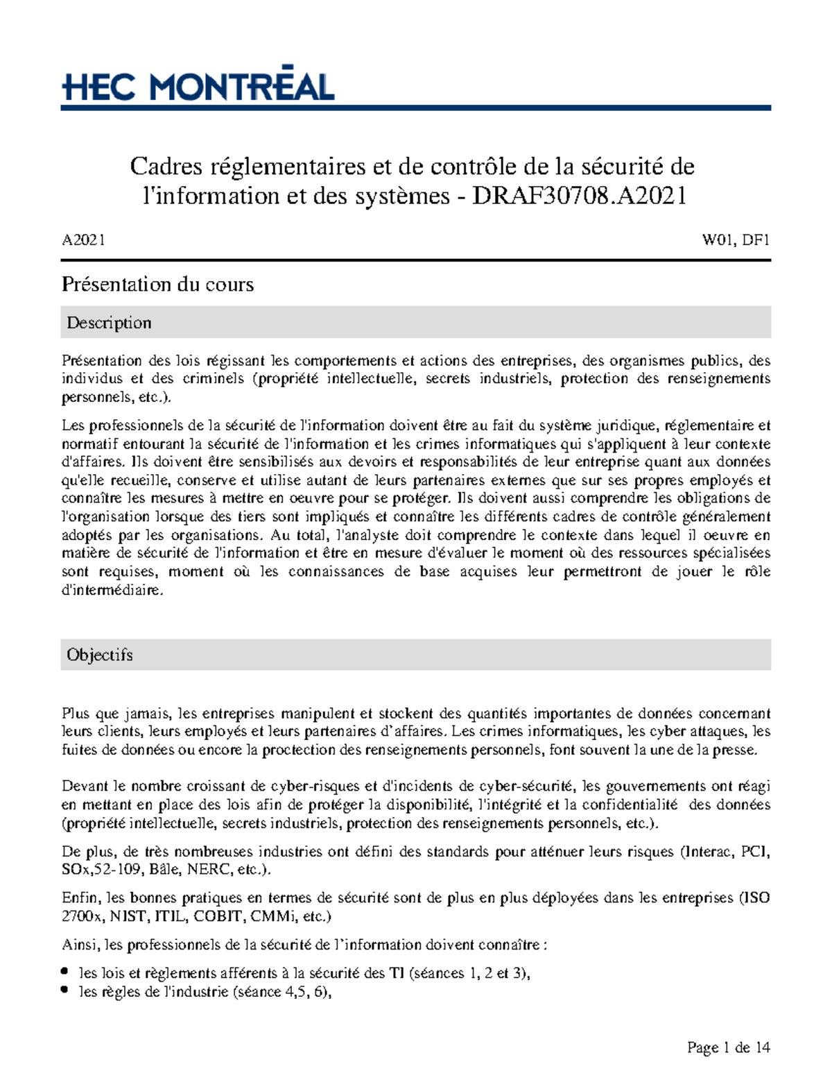Plan du cours Cadres réglementaires et de contrôle de la sécurité de l ...