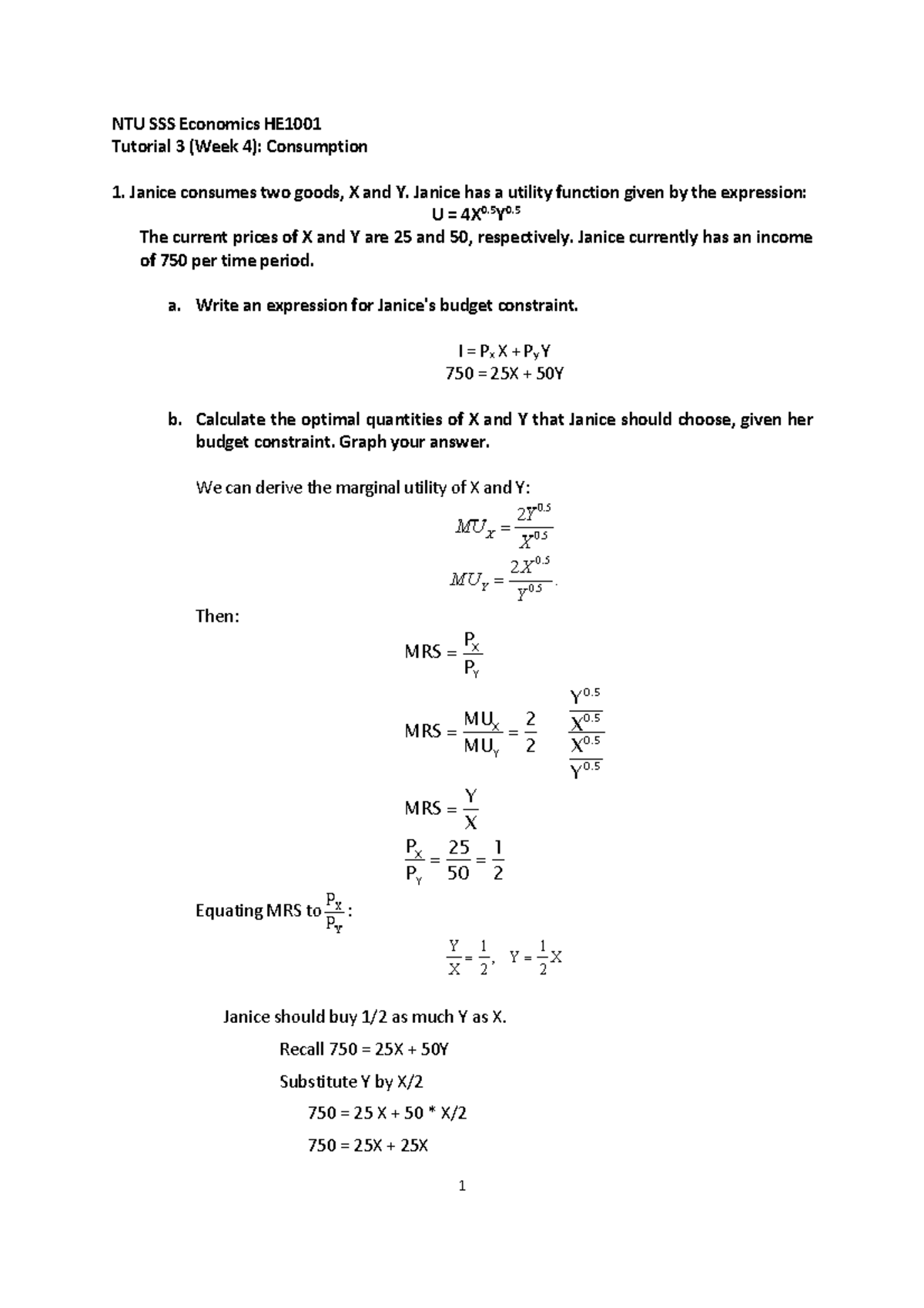 Tutorial 3 2023 Solutions: Consumption Analysis and Utility ...