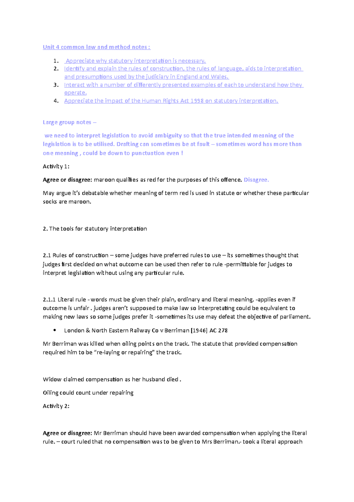 Statutory Interpretation Notes for Common Law 4 - LLL - Studocu