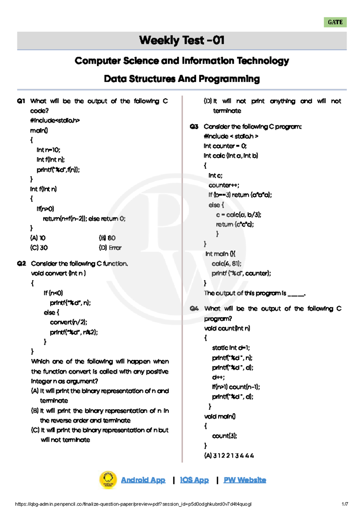 GATE Weekly Test CSIT: Data Structures & Programming Solutions - Studocu