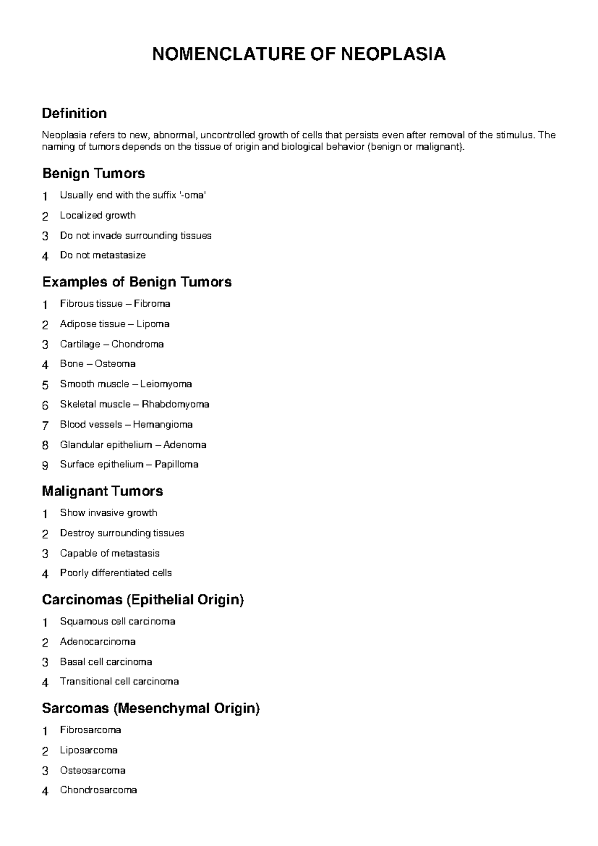 Nomenclature of Neoplasia: Tumor Types and Definitions - Studocu