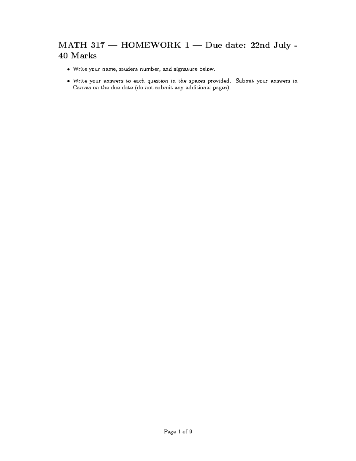 MATH 317 - Homework 1: Parametrization & Vector Fields - Studocu