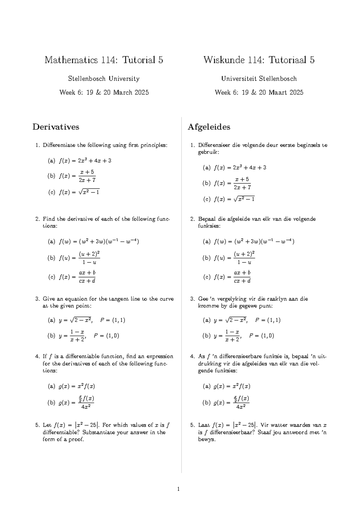Mathematics 114: Tutorial 5 - Derivatives and Tangent Lines - Studocu