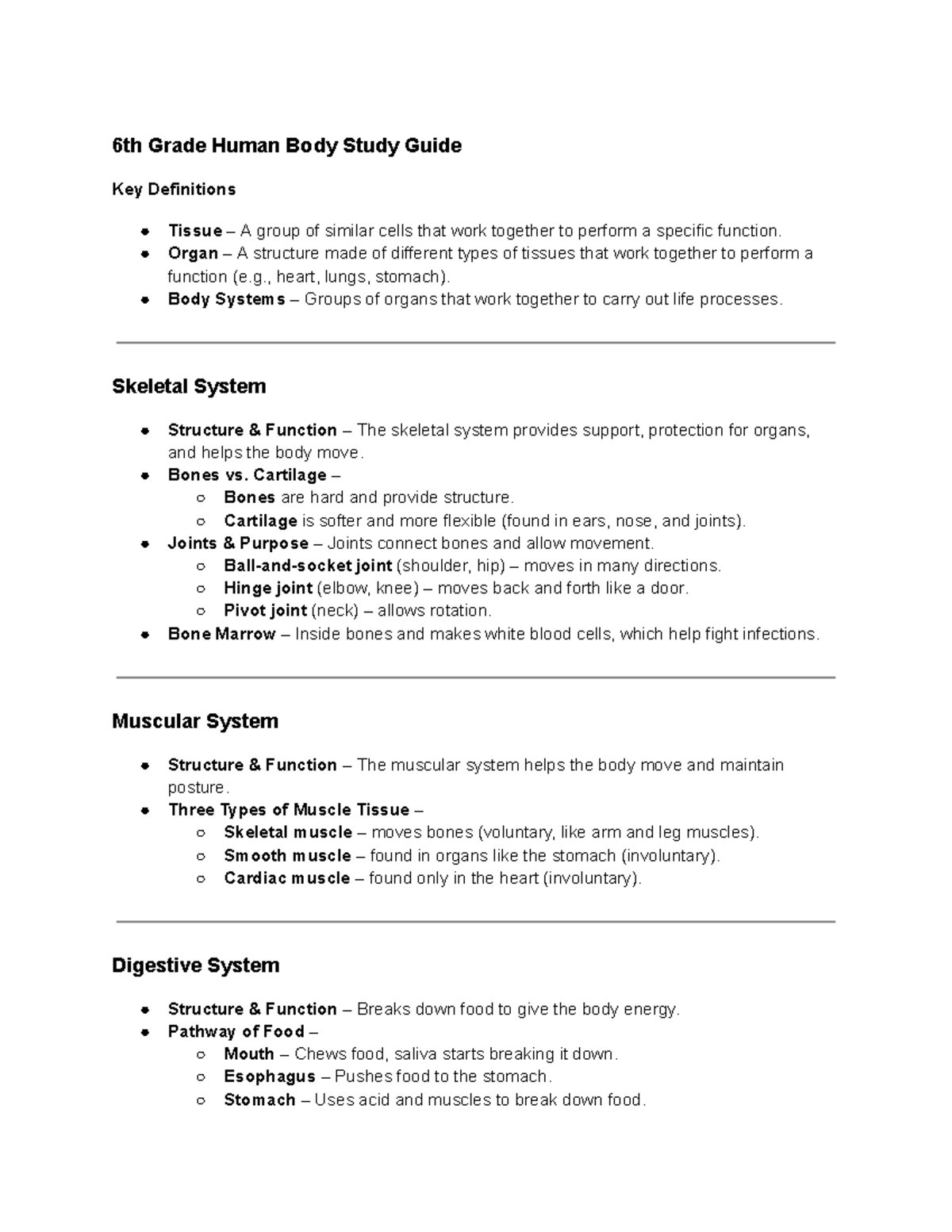 6th Grade Human Body Study Guide - Organ – A structure made of ...