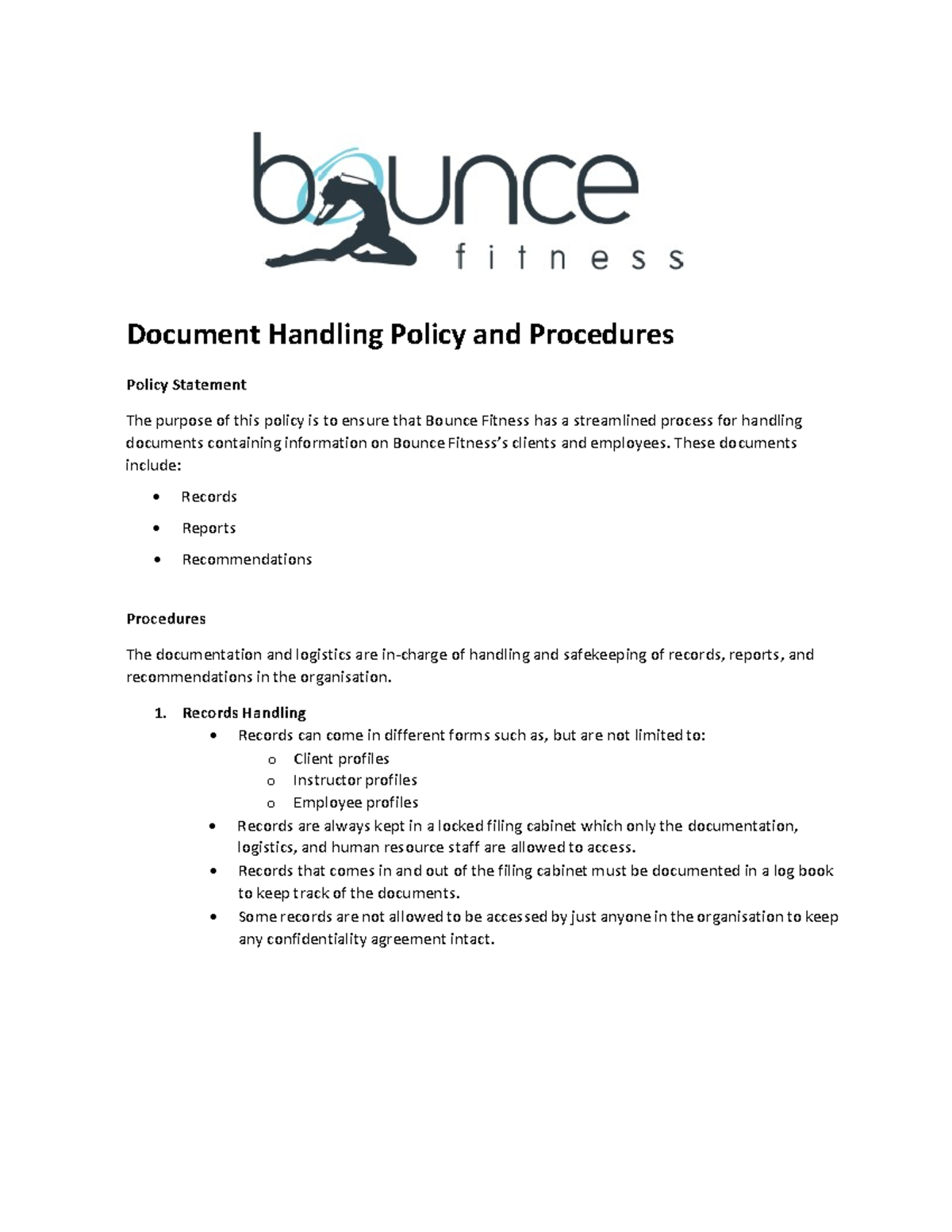 Bounce Fitness Document Handling Policy & Procedures Guide - Studocu