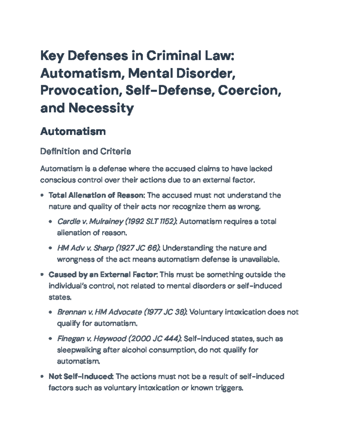 Key Defenses in Criminal Law: Automatism, Provocation & Self-Defense ...