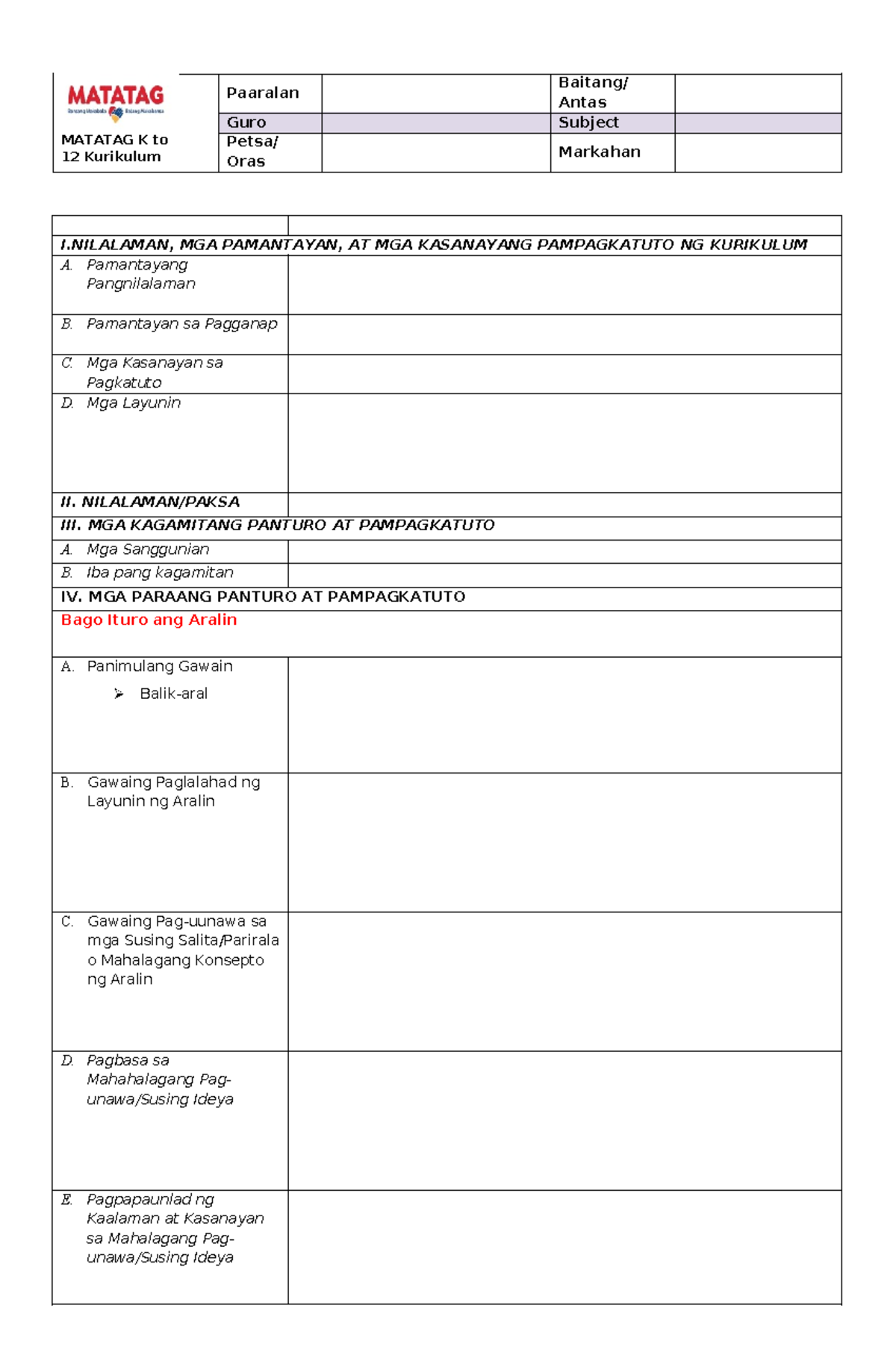 DLP Template: Daily Lesson Plan for MATATAG K to 12 Curriculum - Studocu