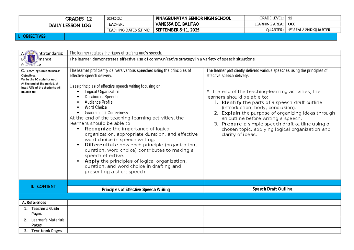 Q2 OCC Speech Writing and Outline: Effective Communication Skills - Studocu