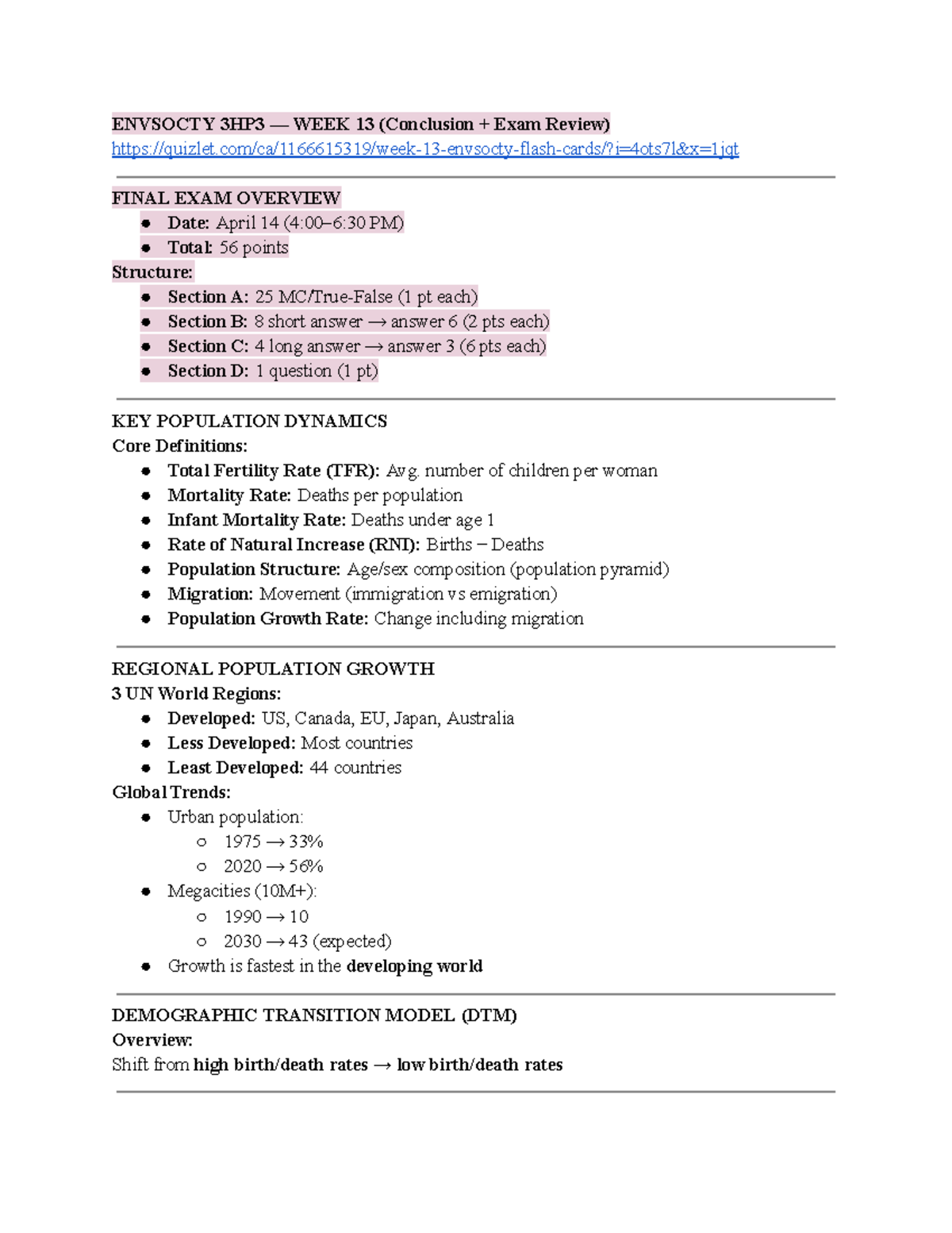 ENVSOCTY 3HP3 - WEEK 13 FINAL EXAM REVIEW LECTURE NOTES - Studocu
