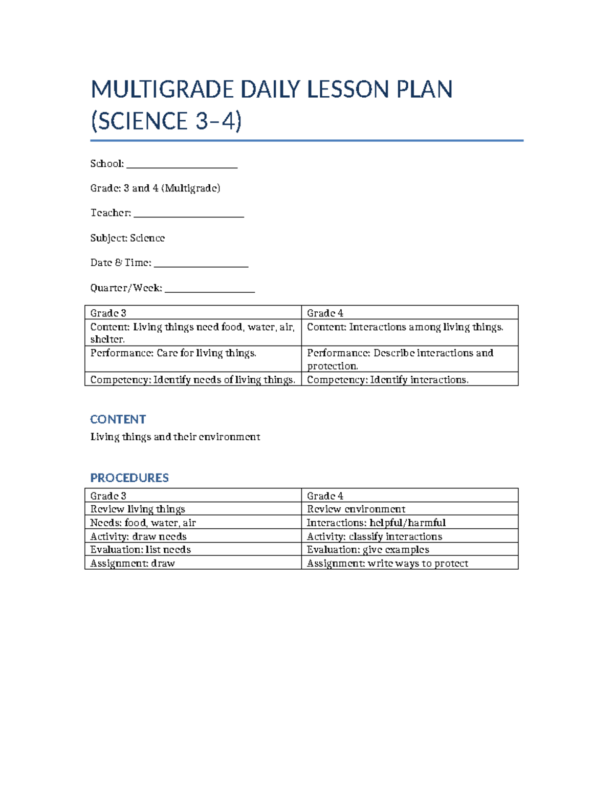 Multigrade Science DLP - MULTIGRADE DAILY LESSON PLAN (SCIENCE 3–4 ...