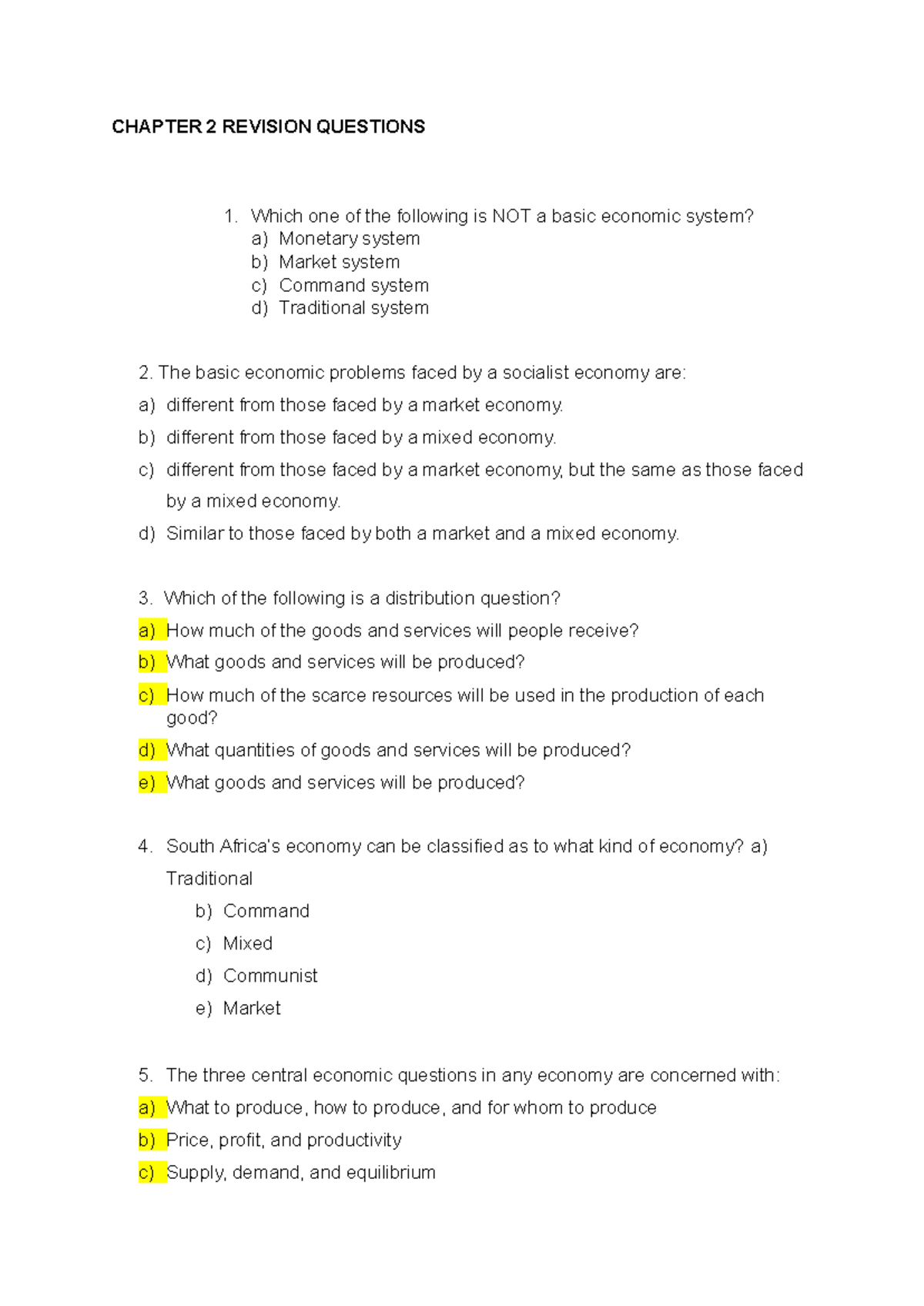 CHAPTER 2 MCQ REVISION QUESTIONS - ECONOMIC SYSTEMS - Studocu