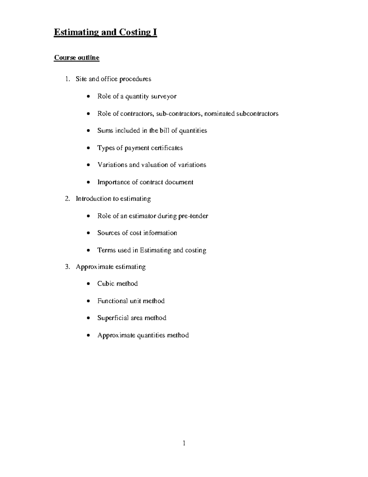 Estimating and Costing I Course Outline and Key Concepts - Studocu