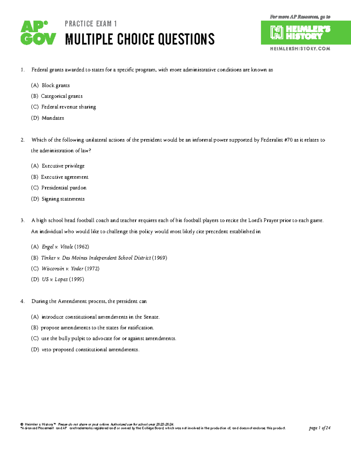 AP GOV HRG Practice Exam: Multiple Choice Questions Review - Studocu