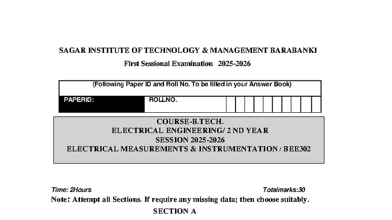 BEE302 EMI 2nd Year First Sessional Exam Question Paper - Studocu