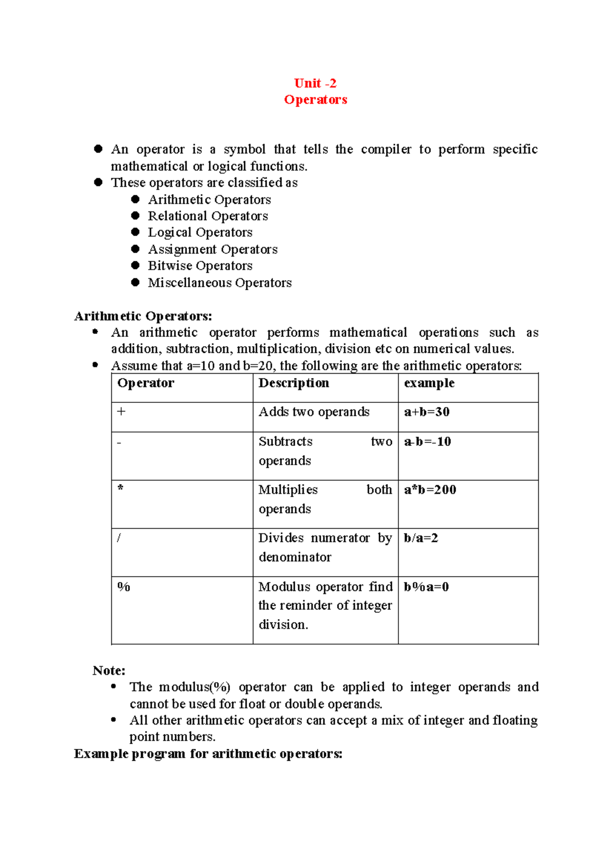 UNIT-2 - Unit - Operators An operator is a symbol that tells the ...