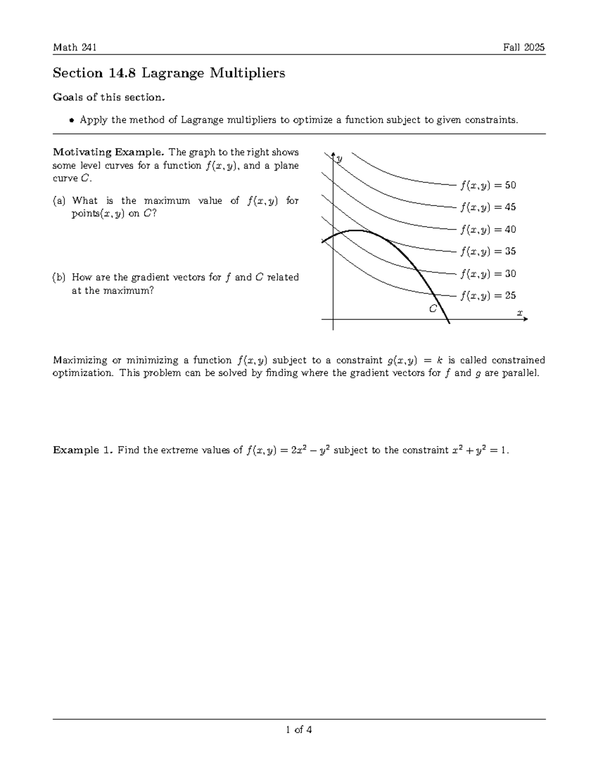 Math 241: Lagrange Multipliers Lecture Notes - Studocu