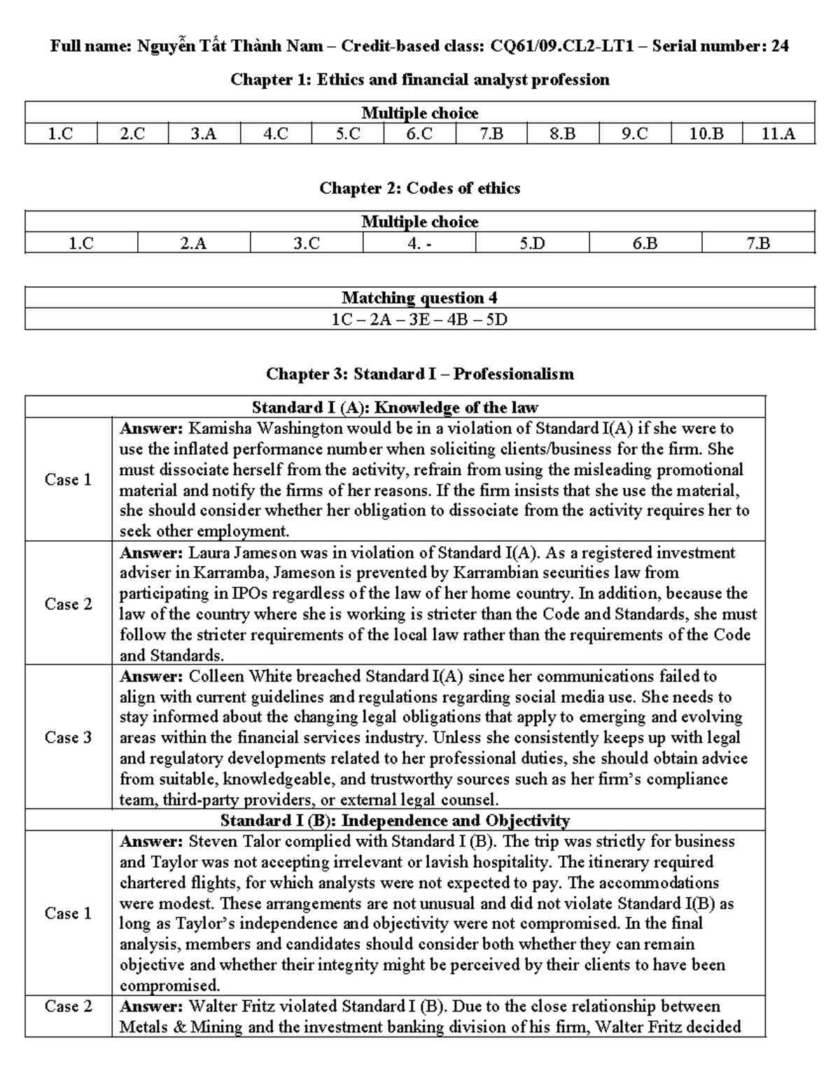 Ethics and Financial Analyst Profession: Answer Keys for Ethics Exam ...