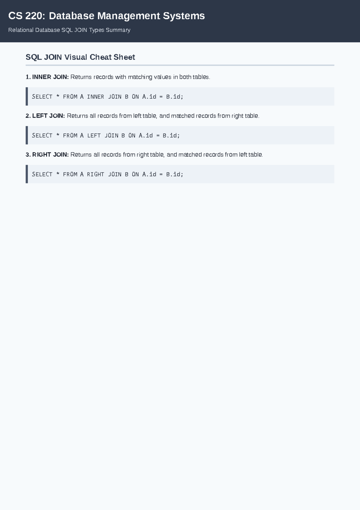 CS220 SQL JOIN Types Cheat Sheet - CS 220: Database Management Systems ...
