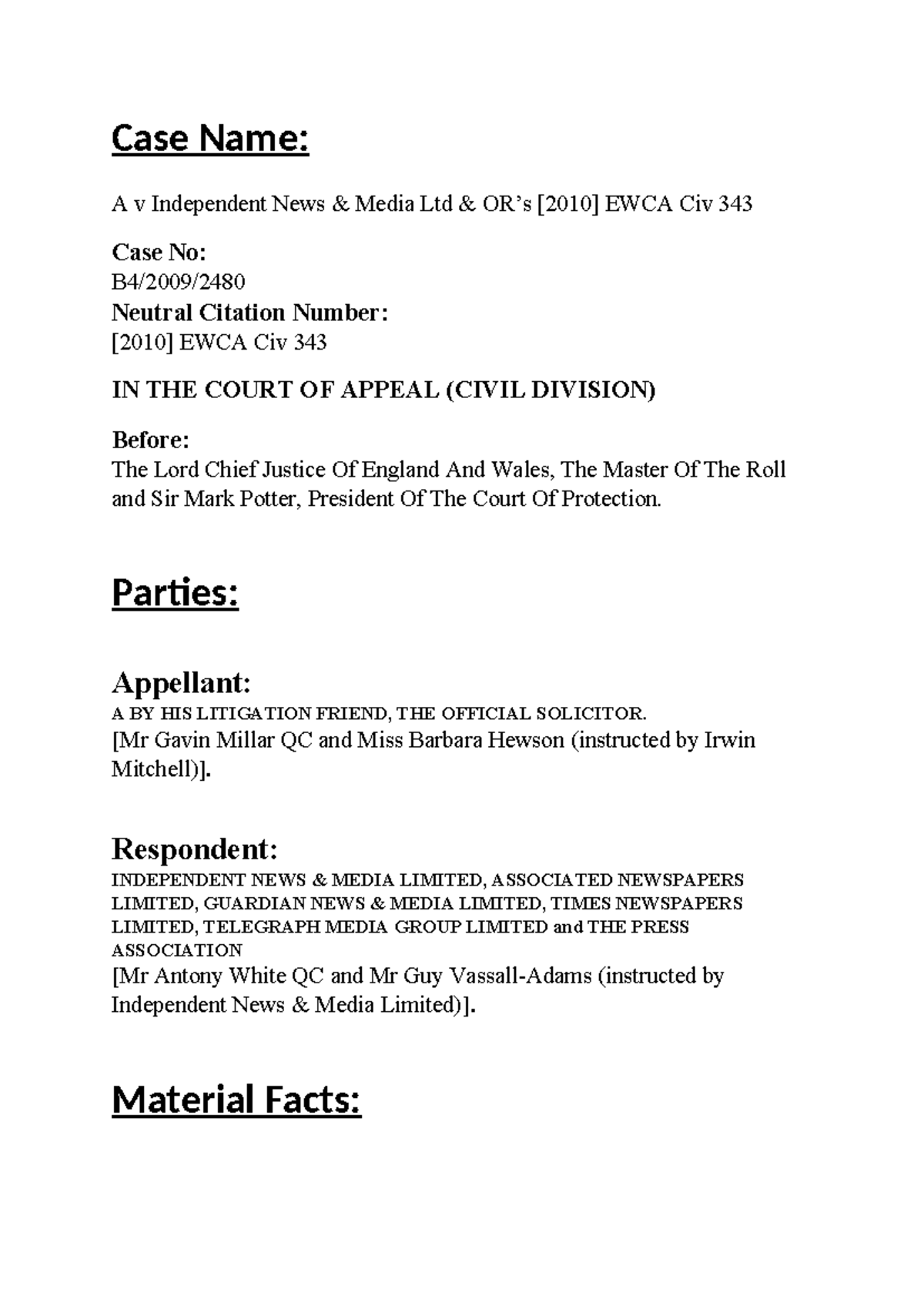 Case note - lsm case note - Case Name: A v Independent News & Media Ltd ...
