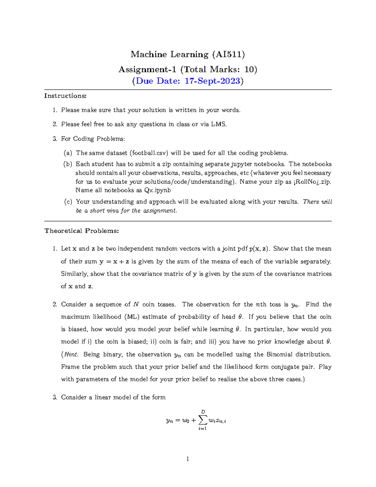 AI511 Machine Learning Assignment 1: Due 17-Sept-2023 Guidance - Studocu
