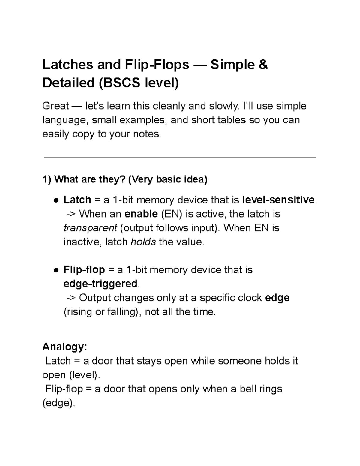 Latches and Flip-Flops Overview (DLD) - Key Concepts and Examples - Studocu