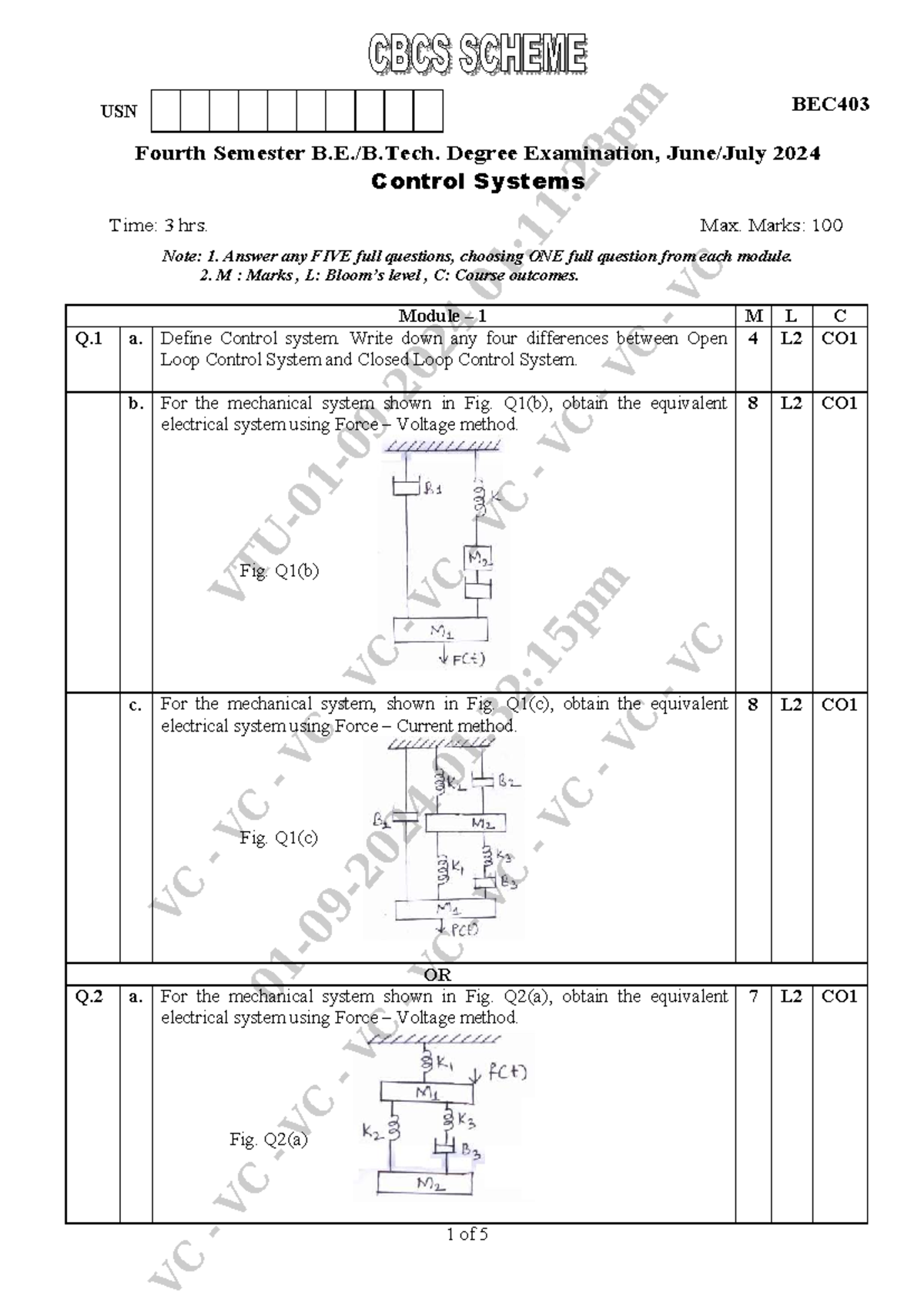 BEC403 - Fourth Semester Control Systems Model Question Paper - Studocu