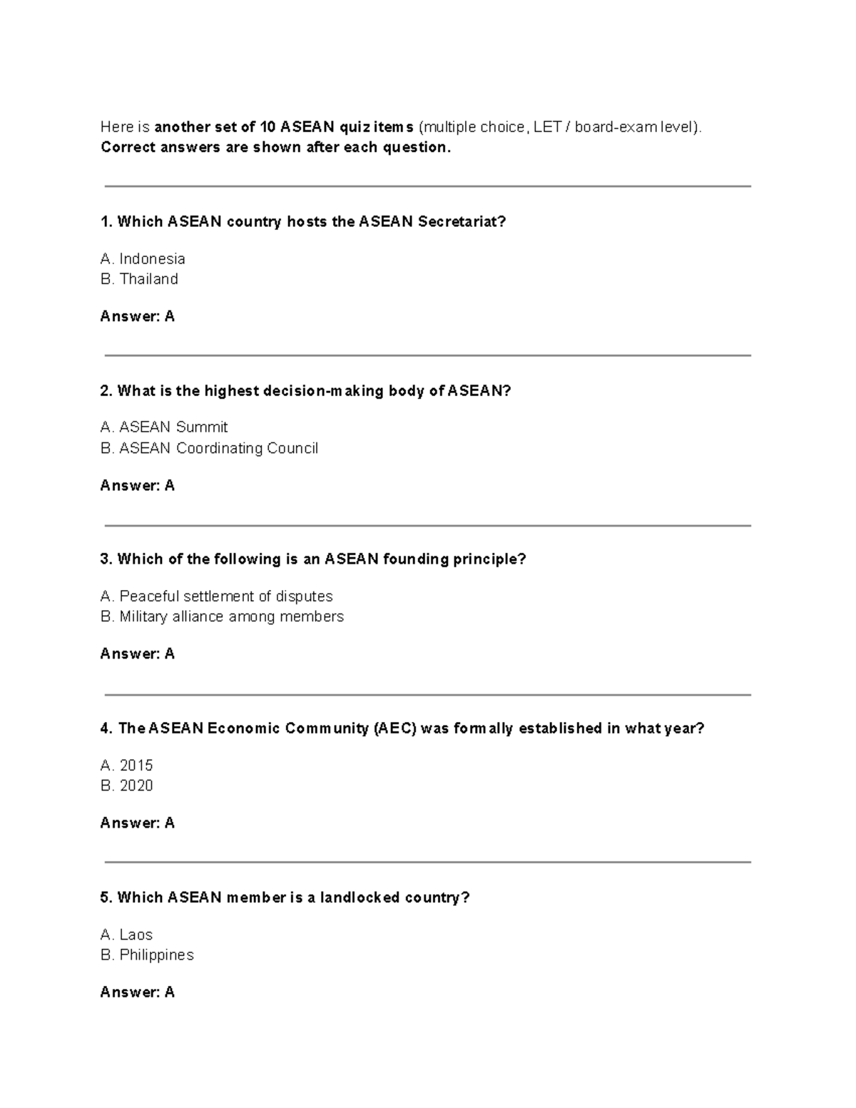 ASEAN Quiz Items (LET) - 10 Multiple Choice Questions - Studocu